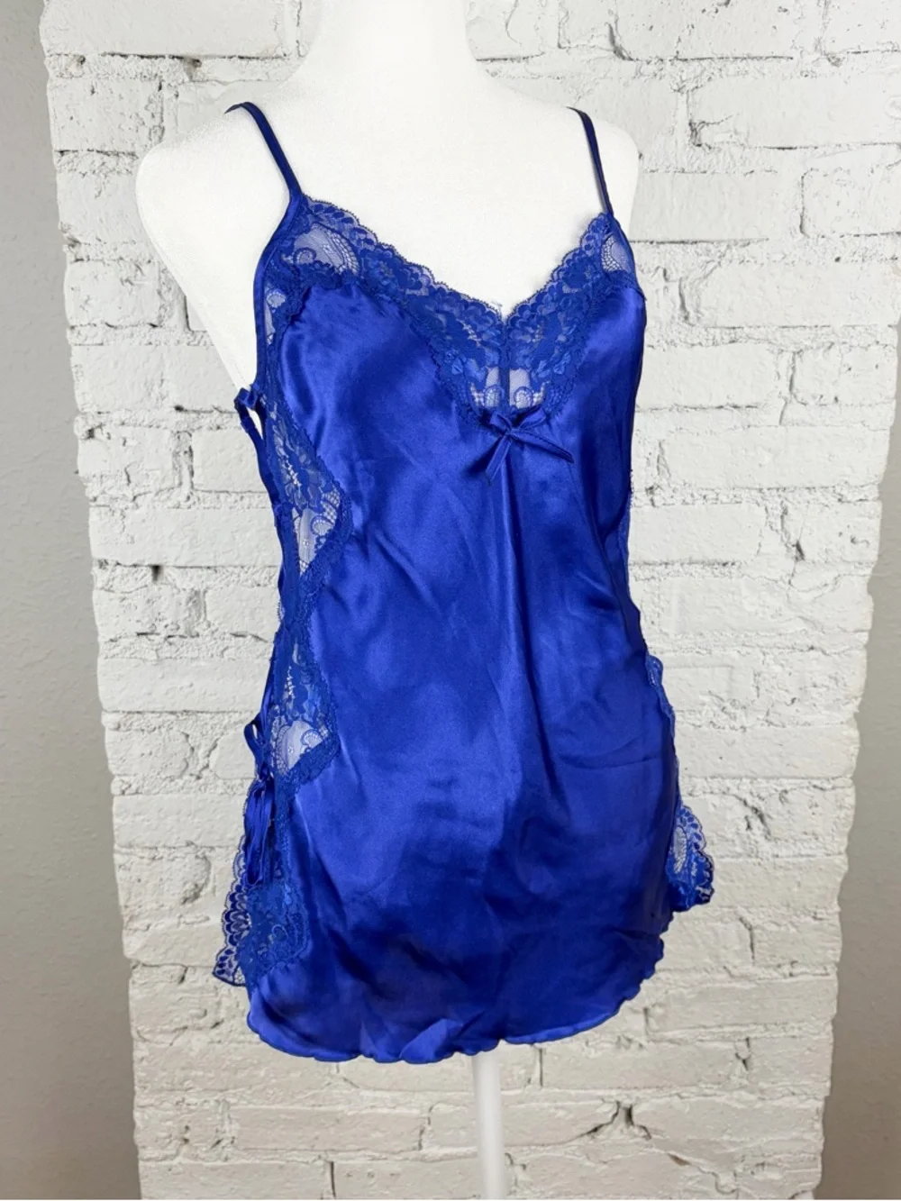 Shirley Hollywood Blue Lace Up Side Slip Nightie Vintage Small - Picture 4 of 15